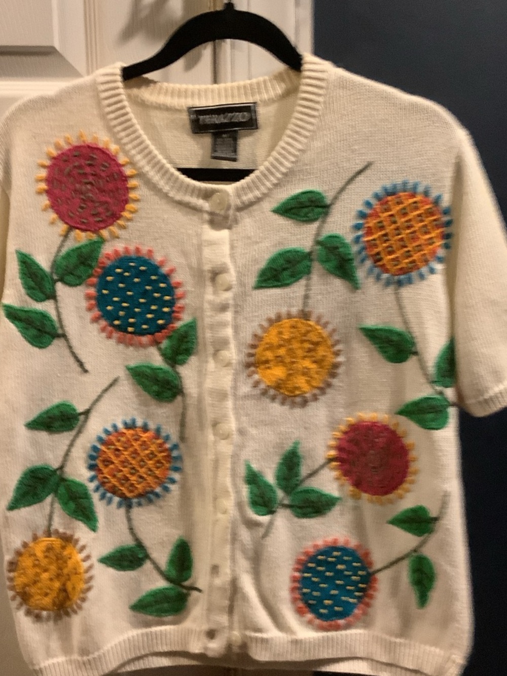 Terazzo Cream Short-Sleeve Cardigan with Multicolor Floral Appliqués